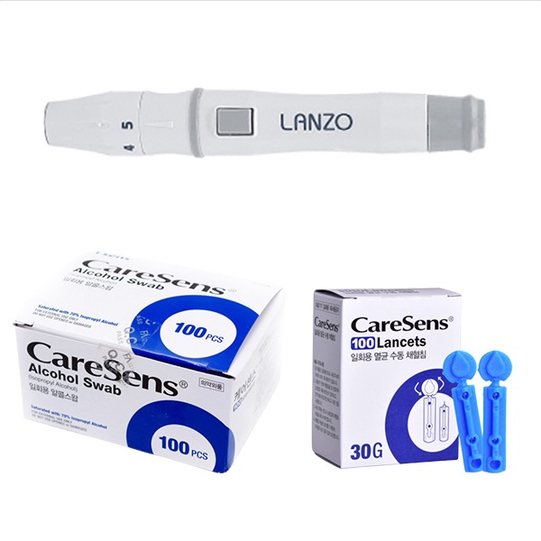 우주헬스케어 - LANZO 채혈기 란조 사혈기 +  란셋 30G 100개 + 알콜솜 100매